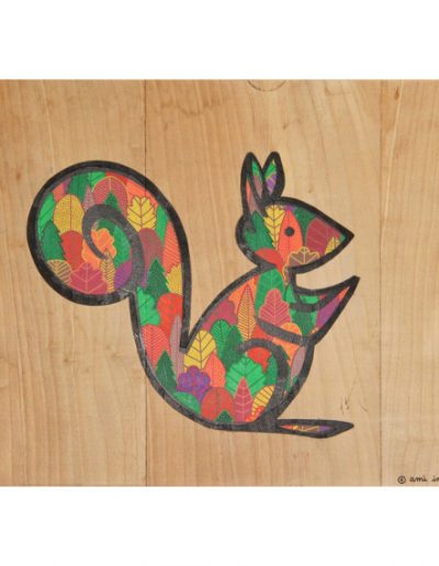 Ecureuil forêt d’automne par AMI IMAGINAIRE  - Aérosol et marqueur sur bois   2019 - ©Association Art'Murs